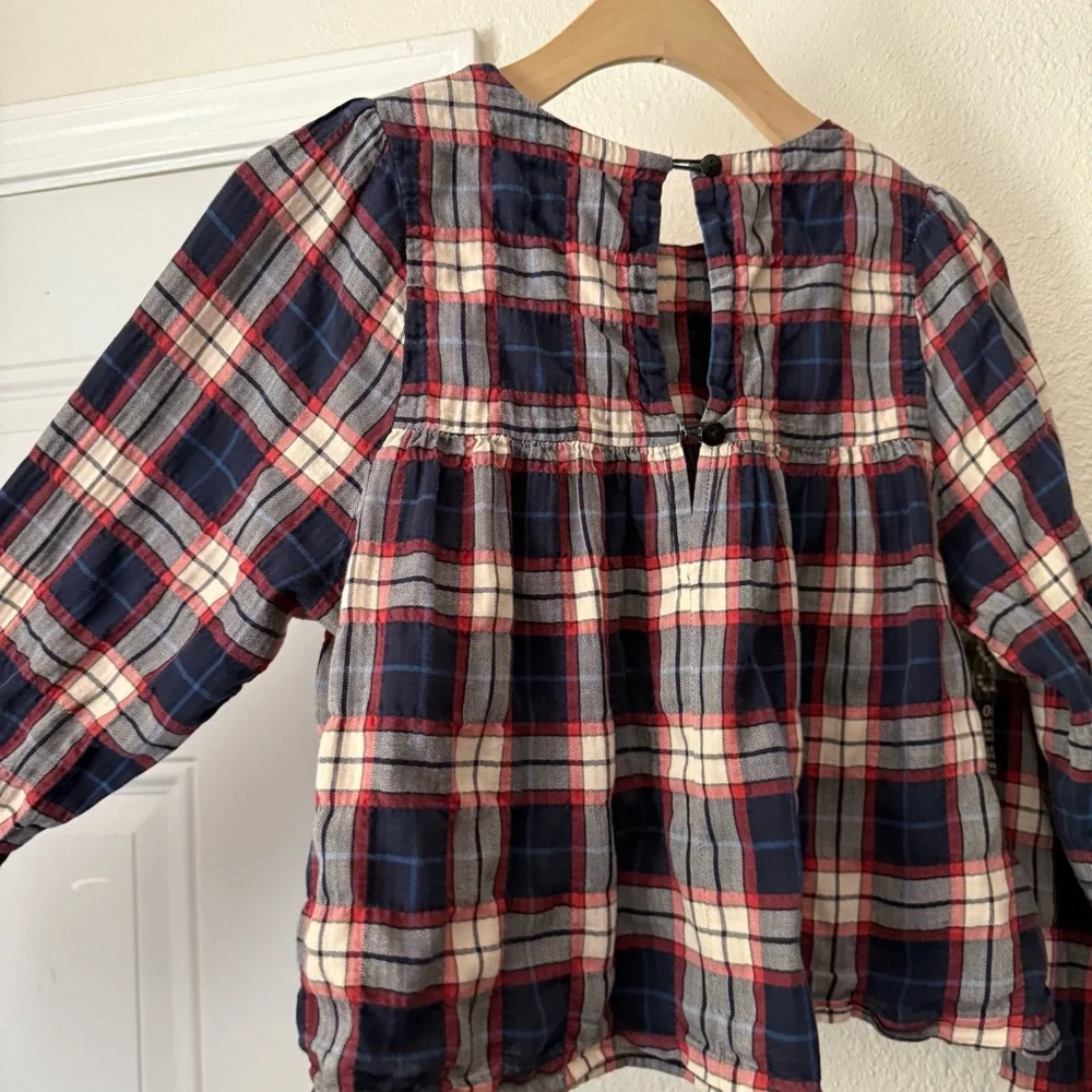 TOIT VOLANT navy red‎ ivory plaid babydoll long sleeve cropped boxy blouse shirt